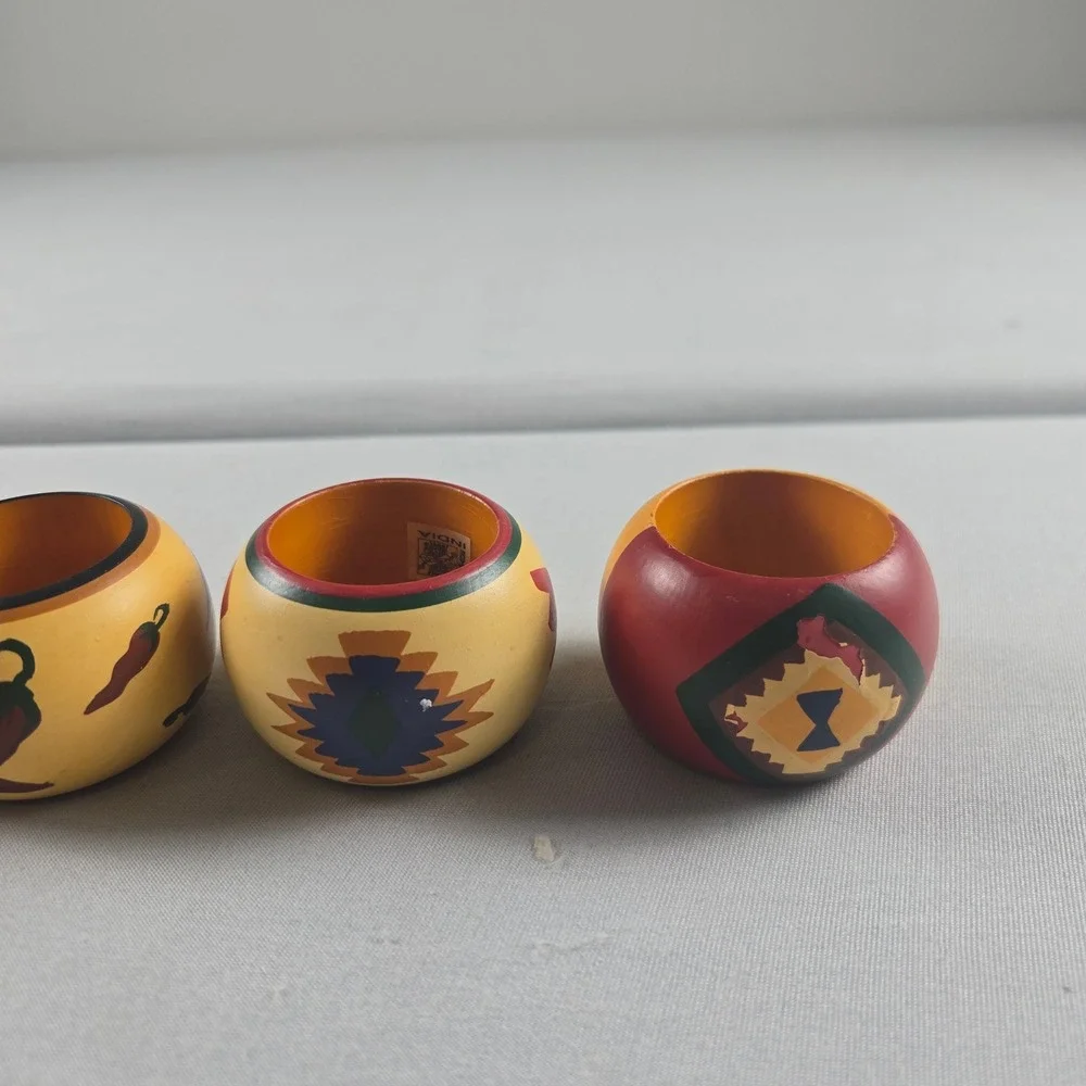Vintage Hand Painted Wood Napkin Rings Set of 6 India Southwestern Folk Art